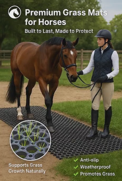 Video demonstrating premium grass mats for horses: a rider leads a horse across heavy-duty non-slip rubber grass mats; open-ring design supports grass growth, provides anti-slip traction and weatherproof protection for stables, lawns and driveways