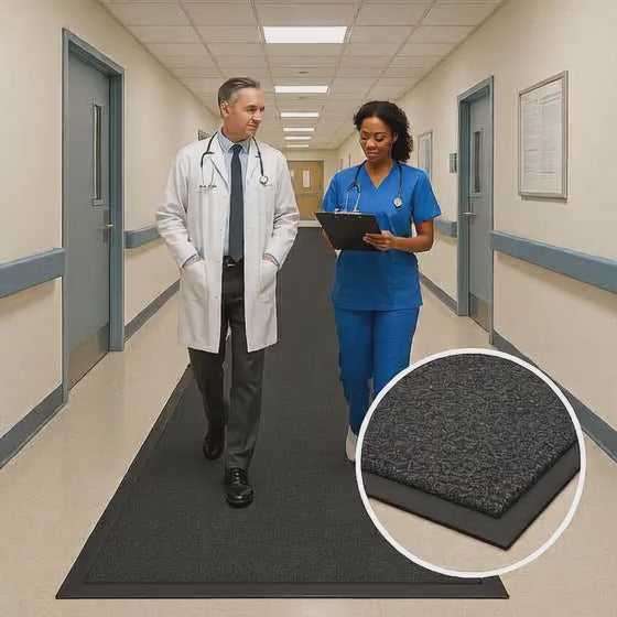 Short video showing heavy-duty non-slip rubber runner installed in hospital corridor; doctor and nurse walk on ribbed mat that channels moisture and reduces slips; protects floors in busy healthcare facility.