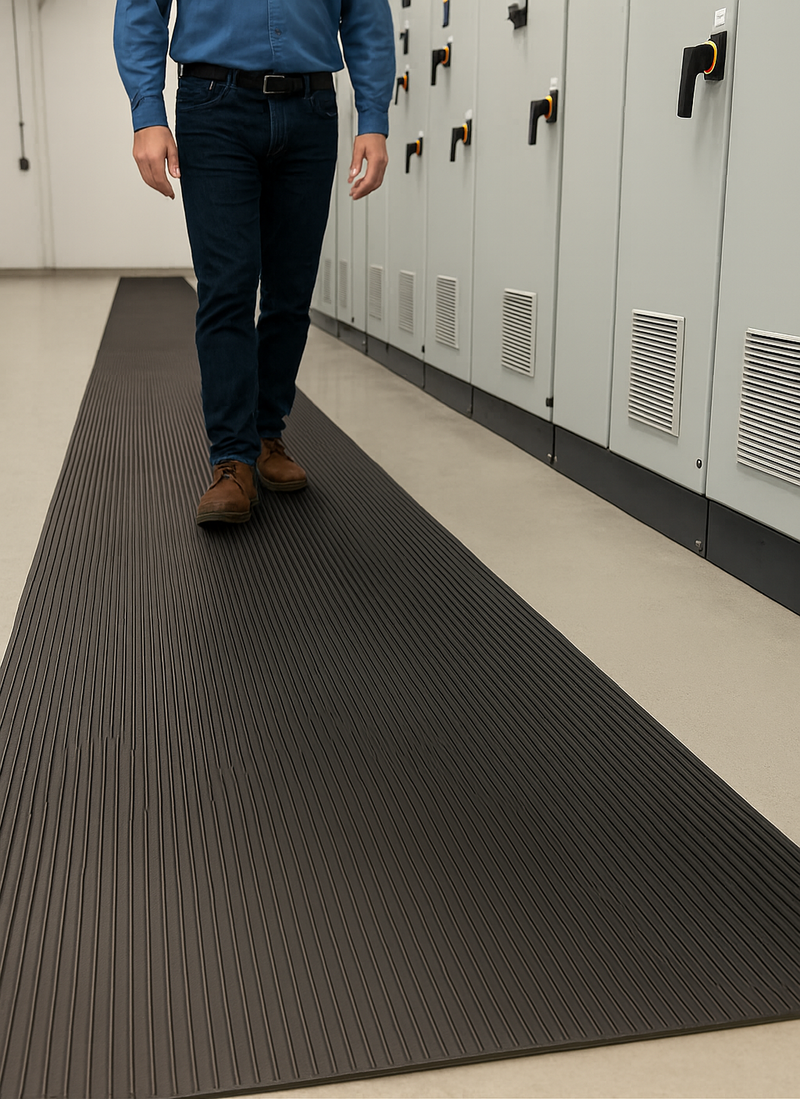 Class 2 electrical safety matting walkway with man walking through high-voltage control room; 17 kV rated, 4 mm thick, 1 m wide EPDM rubber walkway with fine-ribbed anti-slip surface for industrial electrical insulation