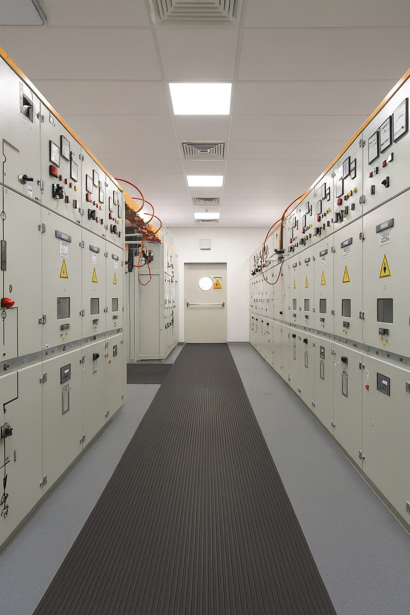 Electrical safety matting class 4 high-voltage insulation rubber mat walkway in high-voltage switchgear room; 36 kV rated, 5 mm thick, 1 m wide slip-resistant EPDM rubber mat with fine-ribbed surface for extreme electrical insulation