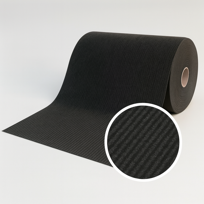 Studio shot of rolled heavy-duty anthracite entrance mat with circular inset showing ribbed texture; channels trap dirt and moisture and protect floors; durable commercial barrier