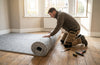 Professional carpet fitter laying 12mm memory foam underlay in UK living room — grey foam rolled out across wooden subfloor before carpet installation