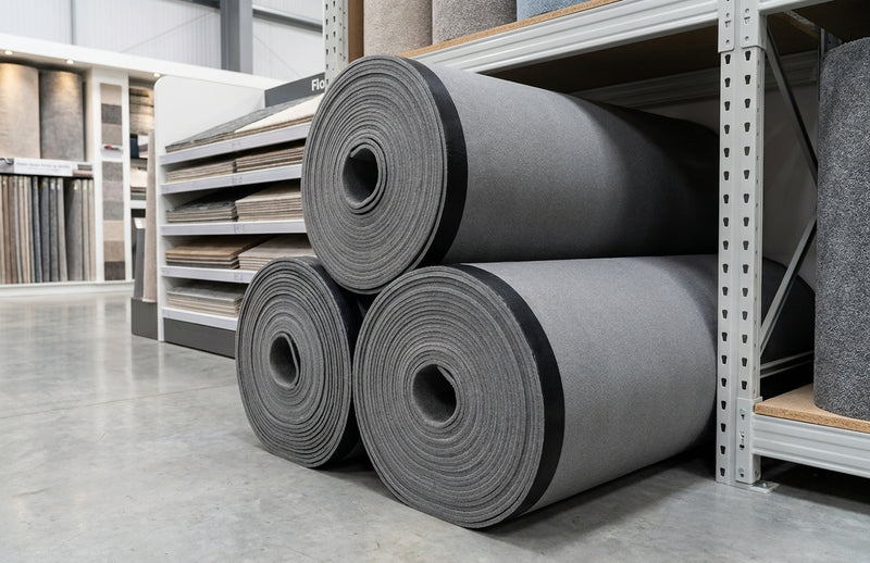 12mm memory foam carpet underlay rolls in trade showroom — thick grey foam with black DPM membrane, 3 sizes available: 5m², 7.5m², 15.07m²