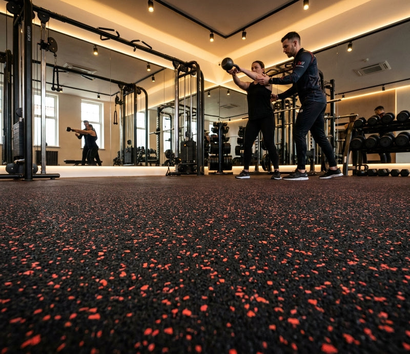 Red fleck rubber gym matting roll in UK PT studio — black rubber base with red EPDM flecks, seamless roll floor, personal training session