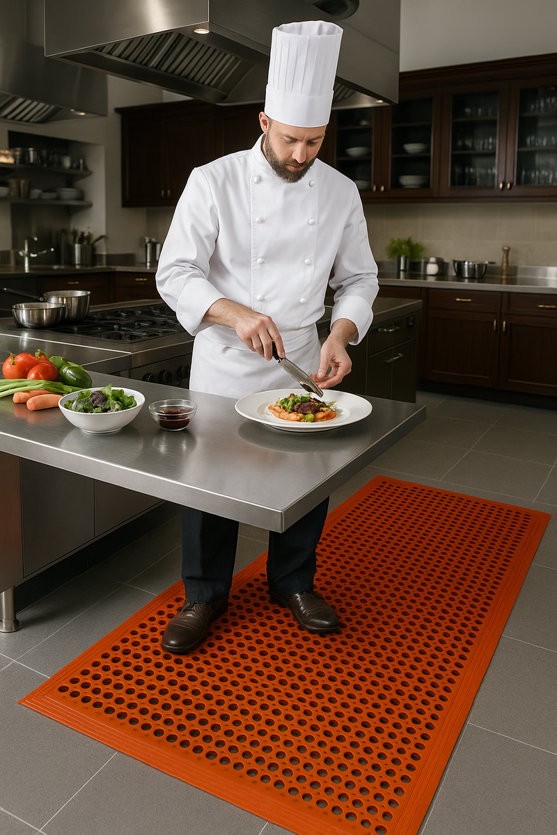 Chef preparing food on oil-resistant nitrile workstation rubber mat in commercial kitchen; orange perforated mat with drainage holes providing slip-resistant cushioning and comfort, measuring 1.5 m x 0.9 m and 12.5 mm thick, ideal for food preparation areas.