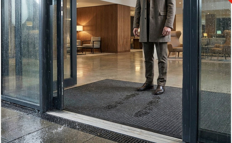 Charcoal super absorbent waffle entrance mat at UK hotel — person stepping through glass doors onto mat, wet shoes, dry floor beyond, black rubber border