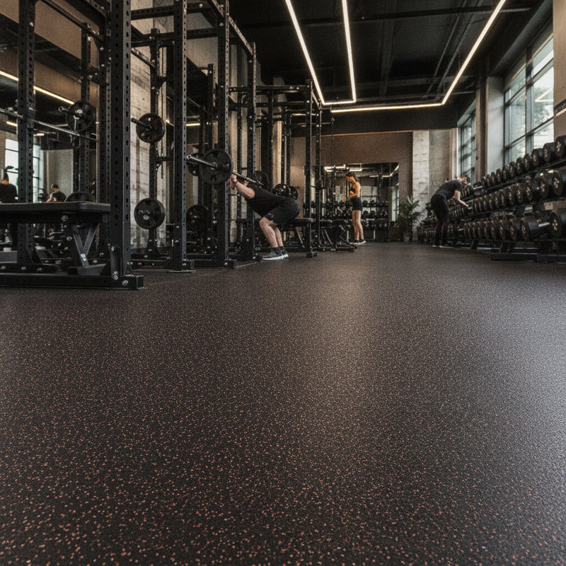 Black rubber gym matting with red speckle installed in commercial weight room UK — Slip-Not 8mm rolls