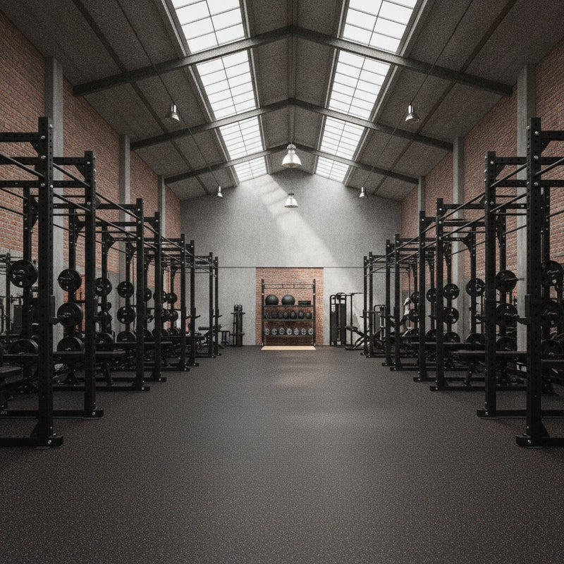 Rubber gym matting covering warehouse gym floor with squat racks — Slip-Not commercial grade flooring