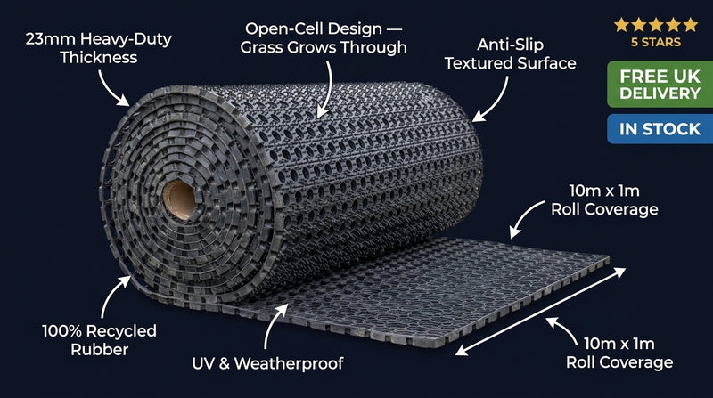 Heavy Duty 10m Rubber Grass Mat Roll | Non-Slip Lawn, Driveway & Parking Protection | UV-Resistant Outdoor Matting