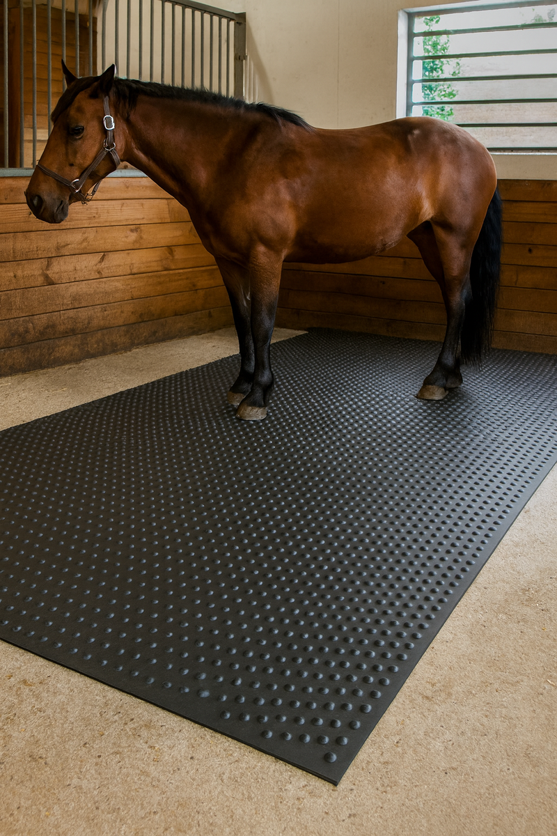 Studded anti-slip stable matting with horse standing in stall; heavy-duty NR/SBR rubber mat 1.8 m × 1.2 m and 18 mm thick, featuring raised studs for traction and cushioning, providing non-porous, anti-slip flooring for stables, livestock trailers and animal shelters.