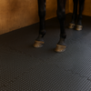 Interlocking studded walkway mat tiles with horse standing on rubber stable floor; heavy-duty natural rubber/SBR interlocking mat with raised coin studs for non-slip traction and cushioning in stables, kennels and animal pens. Tiles measure 1 m × 1 m and 17 mm thick