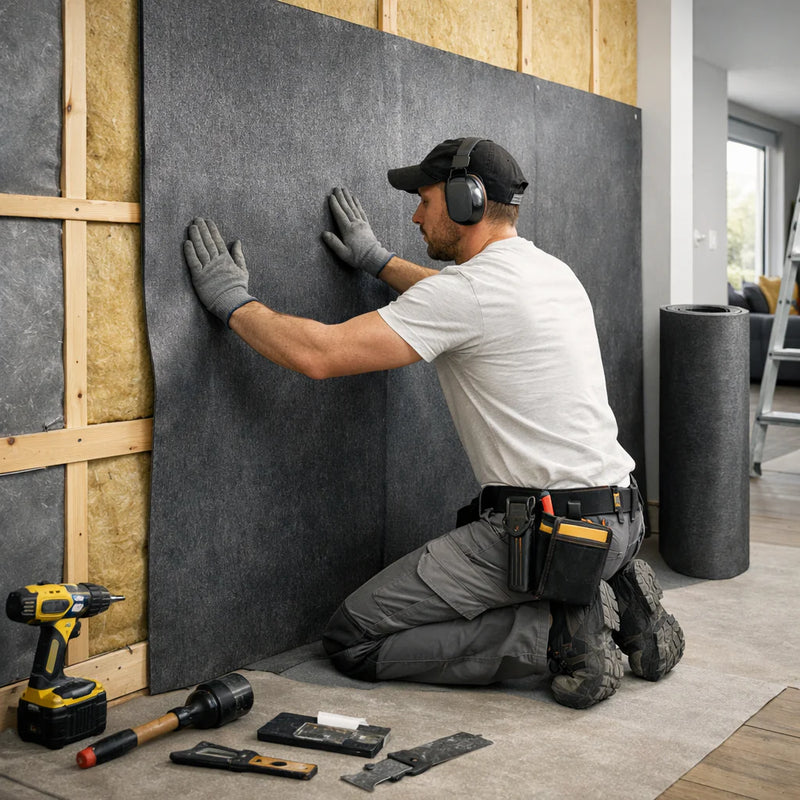 Installer pressing SilentCloud ProMass 50 acoustic membrane onto wall studs; kneeling with tool belt and tools like drill and measuring tape on the floor.