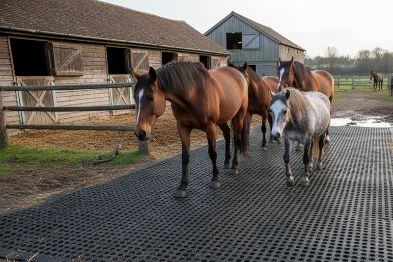 Stable yard entrance with grass mat